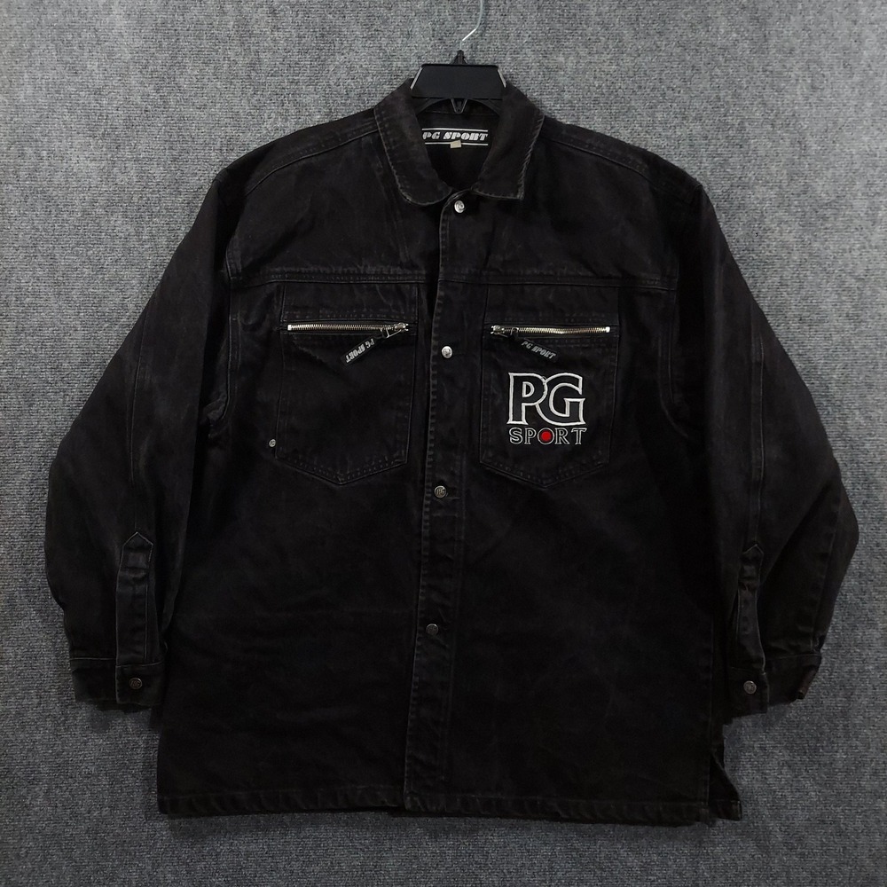 Vintage PG Sport Jacket Mens Large Black Denim Biker‎ Zip Pockets Embroidered